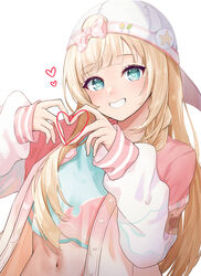  absurdres aqua_eyes baseball_cap blonde_hair crop_top female hat heart heart-shaped_pupils heart_hands highres hololive jacket kazama_iroha kazama_iroha_(streetwear) long_hair midriff navel pink_jacket piyottorabitto smile symbol-shaped_pupils virtual_youtuber white_background 