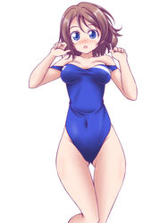  :o ass_visible_through_thighs blue_eyes blue_one-piece_swimsuit blush breasts brown_hair commentary_request covered_navel female kikuchi_tsutomu looking_at_viewer love_live! love_live!_sunshine!! medium_breasts off_shoulder one-piece_swimsuit open_mouth short_hair simple_background solo standing swimsuit thigh_gap w_arms watanabe_you wet white_background 