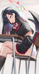  ? absurdres accidental_exposure armband ass black_gloves black_hair black_serafuku black_skirt black_socks black_wings blue_archive chair closed_eyes clothes_lift desk elbow_rest female from_side gloves hair_ornament hairclip halo head_rest highres hutosutoro ichika_(blue_archive) miniskirt panties pleated_skirt red_armband school_chair school_desk school_uniform serafuku sitting skirt skirt_caught_on_object skirt_lift socks solo spoken_question_mark thighs underwear white_panties wings 