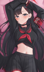  arms_up bed_sheet black_choker black_gloves black_hair black_serafuku black_shirt black_skirt blue_archive choker closed_mouth crop_top crop_top_overhang dakimakura_(medium) feathered_wings female gloves grey_eyes hair_ornament hairclip highres ichika_(blue_archive) kurisu-kun long_hair long_sleeves looking_at_viewer low_wings lying midriff miniskirt navel neckerchief on_back on_bed parted_bangs pleated_skirt sailor_collar school_uniform serafuku shirt skirt smile solo stomach unusually_open_eyes very_long_hair wings 