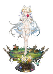  absurdres animal animal_ear_fluff animal_ears apple babydoll barefoot blue_eyes bow bow_panties braid breasts cameltoe character_name collar commentary_request crossed_legs detached_collar dress female figure_stage flower food frilled_collar frilled_straps frills frown fruit full_body gradient_hair grimm&#039;s_fairy_tales hair_between_eyes hair_flower hair_ornament highres holding holding_food holding_fruit long_hair looking_at_viewer multicolored_hair navel off-shoulder_dress off_shoulder on_grass orange_flower original panties parted_lips puffy_short_sleeves puffy_sleeves red_apple sai_ichirou short_sleeves simple_background single_braid small_breasts snow_white snow_white_(grimm) solo standing straight-on thigh_gap underwear white_babydoll white_background white_dress white_footwear white_panties yellow_bow 