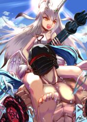  1boy absurdres ahoge barefoot berserker_(fate/zero) brass_knuckles brown_eyes carrying dragon_horns dragon_wings fate/grand_order fate_(series) feet female gatling_gun helm helmet highres horns inugami86 long_hair melusine_(fate) melusine_(swimsuit_ruler)_(fate) one-piece_swimsuit shoulder_carry soles sun swimsuit toes water weapon weapon_switch white_hair white_one-piece_swimsuit wings 