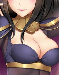  black_hair black_nails blush bodystocking breast_focus breasts cape cleavage commentary_request dakimakura_(medium) female fire_emblem fire_emblem_awakening head_out_of_frame large_breasts long_hair skin_tight solo tharja_(fire_emblem) upper_body yuj_(moemarket) 