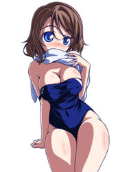  blue_eyes blue_one-piece_swimsuit breasts brown_hair cleavage clothes_pull commentary_request covered_mouth covered_navel female kikuchi_tsutomu large_breasts looking_at_viewer love_live! love_live!_sunshine!! off_shoulder one-piece_swimsuit one-piece_swimsuit_pull short_hair simple_background sitting solo swimsuit towel towel_around_neck watanabe_you white_background 