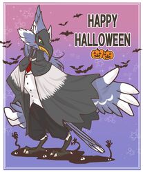  absurd_res anthro avian bat beak blue_body blue_feathers breath_of_the_wild chocolate_muffins cloak clothing costume english_text feathers feet flapping_wings flying green_eyes hair halloween halloween_costume hi_res holidays long_hair male mammal mask nintendo revali rito solo talons text the_legend_of_zelda toes wings 