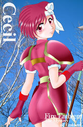  armor ass cecil_(fire_emblem) character_name check_commentary commentary commentary_request copyright_name female fingerless_gloves fire_emblem fire_emblem:_mystery_of_the_emblem gloves headband hissaa_(starlight_express) holding holding_polearm holding_weapon looking_at_viewer looking_back pauldrons pink_eyes pink_hair pink_skirt polearm short_hair shoulder_armor skirt solo tree weapon white_headband 