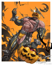  1boy abs bara bracelet bulge candle chains clothing_cutout crescent_moon crotchless crotchless_pants dark-skinned_male dark_skin detached_sleeves dutch_angle feet_out_of_frame from_below glowing glowing_eyes halloween highres huge_pectorals jack-o&#039;-lantern_head jewelry jin_(sirius-j) knee_spikes male_focus moon muscular muscular_male navel nipples original outstretched_arm pants personification scar solo spiked_bracelet spikes stomach strongman_waist thick_thighs thigh_cutout thighs 