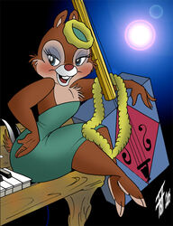  2006 anthro barefoot blue_eyes blue_eyeshadow blush brown_body brown_fur buckteeth chip_&#039;n_dale chipmunk chris_fischer clarice_(disney) clothed clothing disney dress eyeshadow feet female fur ground_squirrel keyboard_instrument lei makeup mammal musical_instrument open_mouth piano red_nose rodent sciurid scut_tail short_tail solo tail teeth 