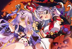  2girls ahoge black_cape black_gloves bra breasts cape claw_pose cleavage_cutout clothing_cutout dress eyepatch fangs geega_(vtuber) geega_(vtuber)_(underworld_casual) gloves grey_hair hair_between_eyes hair_ornament hairpin halloween hat henya_the_genius henya_the_genius_(1st_costume) jacket jyuka_en long_bangs long_hair looking_at_viewer multiple_girls open_mouth patchwork_skin pointy_ears pumpkin purple_dress purple_hair purple_jacket red_bra red_cape red_eyes shirt single_glove sleeveless sleeveless_dress small_breasts smile two-sided_cape two-sided_fabric two_side_up underwear virtual_youtuber vshojo white_shirt witch_hat yellow_eyes 