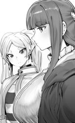  2girls absurdres blunt_bangs blush breast_envy breasts commentary elf fern_(sousou_no_frieren) frieren girl_staring_at_guy&#039;s_chest_(meme) greyscale head_tilt highres huge_breasts looking_at_breasts meme monochrome multiple_girls niwarhythm parted_bangs pointy_ears profile sousou_no_frieren three_quarter_view twintails upper_body 