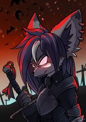  ambiguous_gender anthro armor bat big_ears canid canine claymore cross ear_piercing ear_tuft fangs fennec_fox fox fur glowing glowing_eyes grey_body grey_fur grey_hair hair hi_res holding_object holding_weapon leaf-nosed_bat long_hair mammal melee_weapon microbat multicolored_hair no_pupils overcoat piercing red_eyes red_sky sky surryfox sword sword_sheath teeth true_fox tuft two_tone_hair vampire vampire_bat vampire_hunter weapon yangochiropteran 