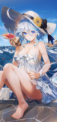  absurdres ahoge alternate_breast_size alternate_costume bare_legs bare_shoulders barefoot blue_eyes blue_hair breasts cleavage collarbone conch day dress drop-shaped_pupils female flower full_body furina_(genshin_impact) genshin_impact hair_between_eyes hat hat_flower heterochromia highres holding large_breasts light_blue_hair looking_at_viewer medium_breasts no_panties ocean outdoors see-through see-through_dress shell sitting sleeveless solo strap_slip sun_hat sundress swkl:d symbol-shaped_pupils top_hat white_dress white_hat 