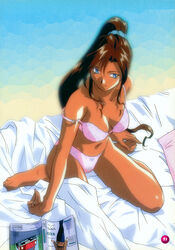  1990s_(style) barefoot bed_sheet blue_eyes bra breasts brown_hair dark-skinned_female dark_skin female full_body high_ponytail long_hair miyazawa_mayu navel non-web_source open_magazine page_number panties pink_bra pink_panties retro_artstyle sitting smile solo strap_slip underwear very_long_hair wariza yamada_masaki zenkoku_seifuku_bishoujo_grand_prix 