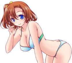  blue_eyes bra breasts brown_hair closed_mouth commentary_request cowboy_shot female green_bra green_panties hair_ribbon hand_in_own_hair kikuchi_tsutomu kosaka_honoka leaning_forward love_live! love_live!_school_idol_project medium_breasts one_side_up panties ribbon short_hair smile solo underwear underwear_only yellow_ribbon 