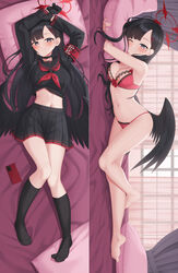  arms_up ass_visible_through_thighs bare_arms bare_shoulders bed_sheet black_choker black_gloves black_hair black_serafuku black_shirt black_skirt black_socks blue_archive bow bow_bra bra breasts choker cleavage closed_mouth crop_top crop_top_overhang dakimakura_(medium) english_commentary feathered_wings female full_body gloves grey_eyes grin hair_ornament hairclip halo highres hugging_object ichika_(blue_archive) kneehighs kurisu-kun lace-trimmed_bra lace_trim lingerie long_hair long_sleeves looking_at_viewer low_wings lying medium_breasts midriff miniskirt multiple_views navel neckerchief no_shoes on_back on_bed one_eye_closed parted_bangs pillow pillow_hug pleated_skirt red_bra sailor_collar school_uniform serafuku shirt skirt smile socks stomach thighs underwear underwear_only unusually_open_eyes very_long_hair wings 