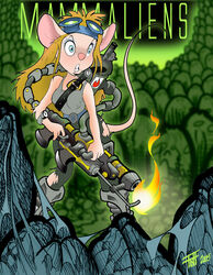  2005 alien_(franchise) anthro belt blonde_hair blue_eyes blue_eyeshadow breasts chip_&#039;n_dale_rescue_rangers chris_fischer clothed clothing disney eyeshadow eyewear eyewear_on_head female flamethrower fur gadget_hackwrench goggles goggles_on_head hair holding_object holding_weapon long_hair makeup mammal mouse murid murine pink_nose ranged_weapon rodent shirt solo tail tan_body tan_fur tank_top topwear torn_clothing weapon 