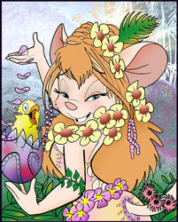  anthro ass avian bird blonde_hair blue_eyes breasts butt_pose chicken chip_&#039;n_dale_rescue_rangers chris_fischer clothing disney dress duo egg female feral flower fur furgonomics gadget_hackwrench galliform gallus_(genus) hair half-closed_eyes long_hair looking_at_viewer looking_back looking_back_at_viewer mammal mouse murid murine narrowed_eyes phasianid pink_nose plant pose rodent tail tan_body tan_fur 