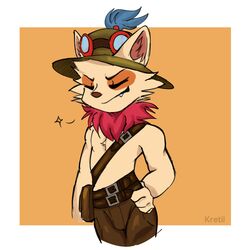  1:1 anthro artist_name belt belt_buckle bottomwear brown_bottomwear brown_clothing brown_pants buckle clothed clothing cute_fangs digital_media_(artwork) eye_markings fur geometric_background goggles_on_headwear hand_on_hip hat headgear headwear hi_res kretii league_of_legends male male_anthro markings narrowed_eyes neck_tuft pants pouch_(clothing) riot_games simple_background solo standing tan_body tan_fur teemo_(lol) tencent topless topless_anthro topless_male tuft yordle 