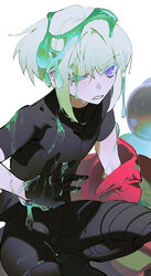  1boy alternate_costume androgynous belt black_belt black_footwear black_gloves black_pants black_shirt blonde_hair clenched_teeth colored_eyelashes gloves highres jacket km_(ksolee1201) knee_pads lio_fotia male_focus one_eye_closed pants promare purple_eyes red_jacket shirt short_hair short_sleeves sidelocks slime_(substance) solo squatting teeth thigh_belt thigh_strap turtleneck v-shaped_eyebrows wet white_background 