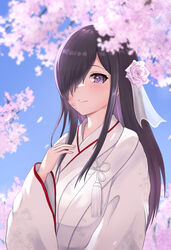  alternate_costume blue_sky blush burn_scar cherry_blossoms female hair_over_one_eye highres ikezawa_hanako japanese_clothes katawa_shoujo kimono light_smile long_hair looking_at_viewer purple_eyes purple_hair scar sky sleeptopi smile solo tearing_up uchikake upper_body wide_sleeves 