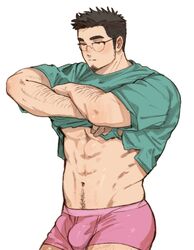  1boy abs arm_hair bara boxers bulge cowboy_shot facial_hair goatee hairy half-closed_eyes highres leg_hair lifting_own_clothes long_sideburns male_focus male_underwear mature_male muscular muscular_male navel navel_hair original print_male_underwear shan_(shanshankuo) short_hair sideburns solo stomach stubble tan_tsi-ho_(shan) thick_eyebrows thick_thighs thighs underpec underwear undressing 