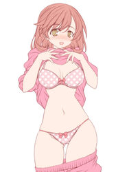  blush bow bow_bra bow_panties bra breasts clothes_lift clothes_pull commentary cowboy_shot crotch_seam female highres kikuchi_tsutomu lace-trimmed_bra lace-trimmed_panties lace_trim lifting_own_clothes long_sleeves looking_at_viewer loungewear medium_breasts medium_hair open_mouth original panties pants pants_pull pink_bra pink_hair pink_panties pink_pants pink_shirt polka_dot polka_dot_bra polka_dot_panties shirt shirt_lift simple_background sleeves_rolled_up smile solo standing underwear white_background yellow_eyes 