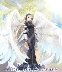  anniversary architecture black_dress black_gloves black_headdress blonde_hair blush breasts commentary copyright_name covered_navel covered_nipples dress falling_feathers feathered_wings feathers female fingerless_gloves gloves hairstyle_request highres indoors keraunos_(sennen_sensou_aigis) large_wings light long_dress long_hair long_sleeves looking_at_viewer looking_down medium_breasts parted_lips sennen_sensou_aigis shawl solo standing tight_clothes tight_dress very_long_hair white_feathers white_shawl white_wings wide_sleeves window wings yellow_eyes yukihane_(snowowl515) 