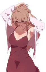  absurdres adjusting_hair armpits arms_up breasts brown_dress brown_hair cleavage cowboy_shot dress earrings feca female hands_in_own_hair highres jewelry large_breasts light_brown_hair lips long_hair looking_down mature_female nightgown oshi_no_ko parted_lips red_eyes saitou_miyako simple_background solo very_long_hair wavy_hair white_background 