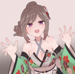  bare_shoulders breasts brown_background brown_hair cleavage collarbone commentary_request detached_sleeves female gradient_background green_kimono green_sleeves hair_ornament highres idoly_pride japanese_clothes kimono large_breasts looking_at_viewer mole mole_under_eye obi open_mouth purple_eyes sash shiraishi_saki short_hair solo sumiyao_(amam) sweat teeth upper_teeth_only wide_sleeves 