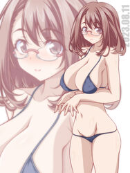  bikini blue_bikini blush breasts brown_eyes brown_hair cleavage closed_mouth commentary covered_nipples cowboy_shot dated female glasses groin highres kikuchi_tsutomu large_breasts looking_at_viewer lowleg lowleg_bikini medium_hair navel original rimless_eyewear simple_background smile solo standing string_bikini sweatdrop swimsuit white_background zoom_layer 