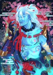  1boy absurdres aura bandaged_arm bandages bare_pectorals bead_necklace beads blank_eyes blue_aura blue_skin chest_tattoo colored_skin cowboy_shot dragon_boy dragon_horns fingernails glowing glowing_eyes glowing_tattoo hadanugi_dousa hanzo_(overwatch) high_ponytail highres horns inset_border jewelry lipeka long_hair male_focus necklace official_alternate_costume official_alternate_hairstyle onryo_hanzo overwatch overwatch_2 pectorals sharp_fingernails solo tattoo toned toned_male tusks vambraces 