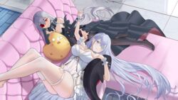  2girls azur_lane black_dress black_thighhighs black_vs_white blue_eyes blue_gemstone breasts cleavage contrast couch detached_sleeves dress dual_persona emden_(azur_lane) feet_out_of_frame flower flower_over_eye from_above full_body gem grey_hair highres holding holding_hands holding_stuffed_toy impossible_clothes impossible_dress interlocked_fingers large_breasts lock long_hair lying manjuu_(azur_lane) multiple_girls on_back on_couch padlock padlocked_collar red_eyes red_flower red_gemstone red_rose rose smile stuffed_toy thighhighs very_long_hair white_dress white_flower white_rose white_thighhighs wrist_cuffs yuyuko_(8322) 