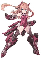  armor blue_eyes brown_hair cameltoe densou_tenshi_valforce female highres karukan_(monjya) leotard long_hair mecha mecha_musume mechanical_arms mechanical_legs misawa_elena one-piece_swimsuit red_leotard robot school_swimsuit standing swimsuit white_background 