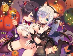  2girls animal_ear_legwear animal_ears azur_lane bell black_choker black_dress black_footwear black_hair black_thighhighs blue_eyes boots bow bowtie box breasts bridal_gauntlets candy cat_ear_legwear choker clothes_lift collarbone commentary_request copyright_name copyright_notice demon_horns dress earrings eyes_visible_through_hair fake_animal_ears fake_horns food gift gift_box grey_hair hair_between_eyes hair_ribbon halloween hand_on_another&#039;s_stomach hat high_heels holding holding_wand horns jack-o&#039;-lantern jack-o&#039;-lantern_earrings janus_(azur_lane) janus_(fright-night_scaredy-cat)_(azur_lane) jervis_(azur_lane) jewelry knee_boots lifting_another&#039;s_clothes long_hair looking_at_viewer manjuu_(azur_lane) multiple_girls navel neck_bell official_alternate_costume official_art one_eye_covered open_mouth orange_bow purple_eyes red_bow red_bowtie ribbon santa_matsuri second-party_source see-through shirt_lift short_hair single_thighhigh star_(symbol) thighhighs wand witch_hat wrapped_candy 