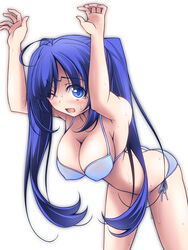  arms_up bikini blue_bikini blue_eyes blue_hair blush breasts cleavage commentary_request cowboy_shot female frown halterneck invisible_wall kikuchi_tsutomu large_breasts leaning_forward long_hair looking_at_viewer one_eye_closed open_mouth original side-tie_bikini_bottom simple_background solo standing sweat swimsuit tearing_up twintails wet white_background 