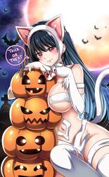  animal_ears animal_hands bare_shoulders bat_(animal) black_hair blush breasts cat_ears cat_tail claws cleavage cosplay english_text felicia_(vampire) felicia_(vampire)_(cosplay) female hairband halloween highres jack-o&#039;-lantern large_breasts long_hair looking_at_viewer maroonabyss navel pumpkin red_eyes solo spy_x_family tail thighhighs trick_or_treat vampire_(game) white_fur yor_briar 