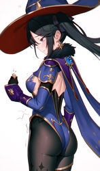  95--- ass black_gloves black_hair black_pantyhose black_ribbon blue_capelet blue_eyes blue_gloves blue_hat blue_leotard blue_sleeves breasts capelet closed_mouth coin commentary cowboy_shot detached_sleeves earrings elbow_gloves female from_side fur-trimmed_capelet fur_trim genshin_impact gloves green_eyes hair_ribbon hat highleg highleg_leotard highres holding holding_coin hungry jewelry leotard long_hair looking_down medium_breasts mona_(genshin_impact) pantyhose profile ribbon sideboob simple_background solo star_(symbol) star_earrings stomach_growling strapless strapless_leotard symbol-only_commentary thighlet twintails vision_(genshin_impact) white_background witch_hat 