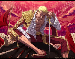  1boy 2018 artist_name blonde_hair blood building bull bullfighting cage cloud cloudy_sky dated death donquixote_doflamingo earrings epaulettes flag hand_rest jacket jewelry male_focus matador multicolored_clothes multicolored_jacket muscular muscular_male one_piece open_clothes pants red-tinted_eyewear red_jacket red_pants red_sky shirt short_hair sim2matu single_epaulette sitting sky sunglasses sword teeth third-party_source tinted_eyewear tongue tongue_out twitter_username two-tone_jacket weapon white-framed_eyewear white_shirt yellow_jacket 