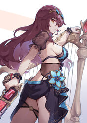  asc11 ass bikini breasts chinese_commentary closed_mouth commentary_request dress eden_(honkai_impact) eyewear_on_head female flower from_side gun hair_between_eyes hair_ornament harp highres holding holding_gun holding_weapon honkai_(series) honkai_impact_3rd instrument large_breasts long_hair looking_at_viewer official_alternate_costume purple_hair see-through short_sleeves sideboob simple_background smile solo sunglasses swimsuit weapon white_background yellow_eyes 