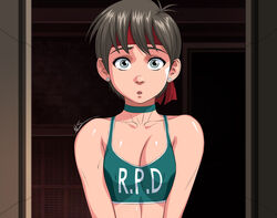  breasts breasts_squeezed_together brown_hair cleavage collarbone commentary earrings english_commentary exmile female green_sports_bra grey_eyes headband jewelry looking_at_viewer official_alternate_costume open_mouth rebecca_chambers red_headband resident_evil resident_evil_0 short_hair solo sports_bra stud_earrings upper_body very_short_hair 