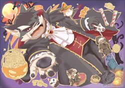  anthro candy canid canine canis chibi clothing costume cravat dessert domestic_dog food fur grey_body grey_fur halloween halloween_costume holidays jack-o&#039;-lantern lifewonders male mammal moritaka_(tas) pawpads ren_izayoi shino_(tas) tadatomo_(tas) tokyo_afterschool_summoners vampire_costume 