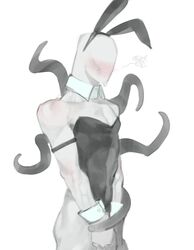  2023 armband bald blush bodily_fluids bunny_costume clothed clothing costume creepypasta crossdressing fake_ears fake_rabbit_ears featureless_face femboy grey_theme hi_res humanoid kogito leotard light_theme male not_furry simple_background slenderman solo sweat tentacle tentacle_creature white_body white_skin 