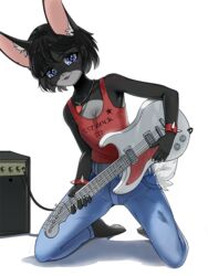  anthro barefoot black_body blue_eyes bottomwear clothing denim denim_bottomwear denim_clothing feet female guitar jeans lagomorph leporid mammal musical_instrument pants plucked_string_instrument rabbit rock shirt sleepyhelen smile solo string_instrument t-shirt topwear 