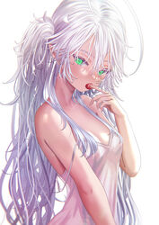  antenna_hair antennae breasts cleavage dress eating elf female food fruit green_eyes highres kein_hasegawa long_hair looking_at_viewer no_bra off_shoulder original pointy_ears small_breasts solo strawberry very_long_hair white_dress white_hair 