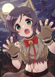  3girls absurdres alternate_costume animal_ears black_choker black_hair blush breasts broom broom_riding brown_gloves brown_skirt choker cropped_shirt fingerless_gloves full_moon fur-trimmed_gloves fur-trimmed_shirt fur_trim gloves green_eyes halloween_costume hat head_tilt highres holding_hands idolmaster idolmaster_cinderella_girls kemonomimi_mode layla_(idolmaster) medium_breasts moon multiple_girls natalia_(idolmaster) navel nun oerba_yun_fang outdoors paw_pose shirt skin_fang skirt sleeveless sleeveless_shirt solo_focus stomach tail usagichama witch_hat wolf_ears wolf_tail yao_fueifuei 