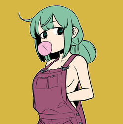  araga_kiwi blowing_bubbles breasts double_bun female green_eyes green_hair hair_bun looking_at_viewer mahou_shoujo_ni_akogarete mole mole_under_eye naked_overalls no_shirt ononaka_akihiro overalls sideboob simple_background solo 