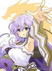  armpits arms_up bare_shoulders book book_of_naga dress female fighting_stance fire_emblem fire_emblem:_genealogy_of_the_holy_war holding holding_book julia_(fire_emblem) magic naga_(fire_emblem) open_mouth purple_eyes purple_hair solo spell yukia_(firstaid0) 