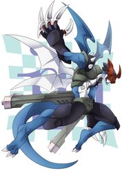  abs anthro armor bandai_namco blue_body claws digimon digimon_(species) gtmwd262 gun headgear helmet horn male paildramon ranged_weapon solo weapon wings 