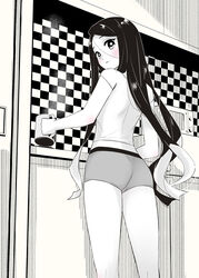  bad_id bad_pixiv_id blush cup female greyscale holding holding_cup kamado_nezuko kanekiyo_miwa kimetsu_no_yaiba kitchen long_hair looking_at_viewer looking_back microwave monochrome multicolored_hair open_mouth panties shirt short_sleeves skinny solo t-shirt tight_clothes tight_shirt underwear 