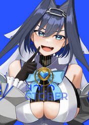  absurdres black_gloves black_hair blue_background blue_eyes blue_hair blue_ribbon breasts chains cleavage cleavage_cutout clothing_cutout commentary detached_sleeves english_commentary english_text female finger_to_own_chin gloves hair_between_eyes hair_intakes hairband highres hololive hololive_english large_breasts looking_at_viewer mizuhasi oerba_yun_fang open_mouth ouro_kronii ouro_kronii_(1st_costume) ribbon ribbon_earrings short_hair smile solo upper_body virtual_youtuber white_veil 